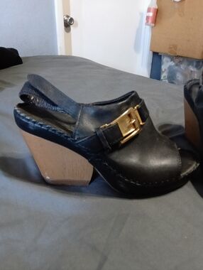 Black Leather Slingback Clog Heels with Gold Buckle